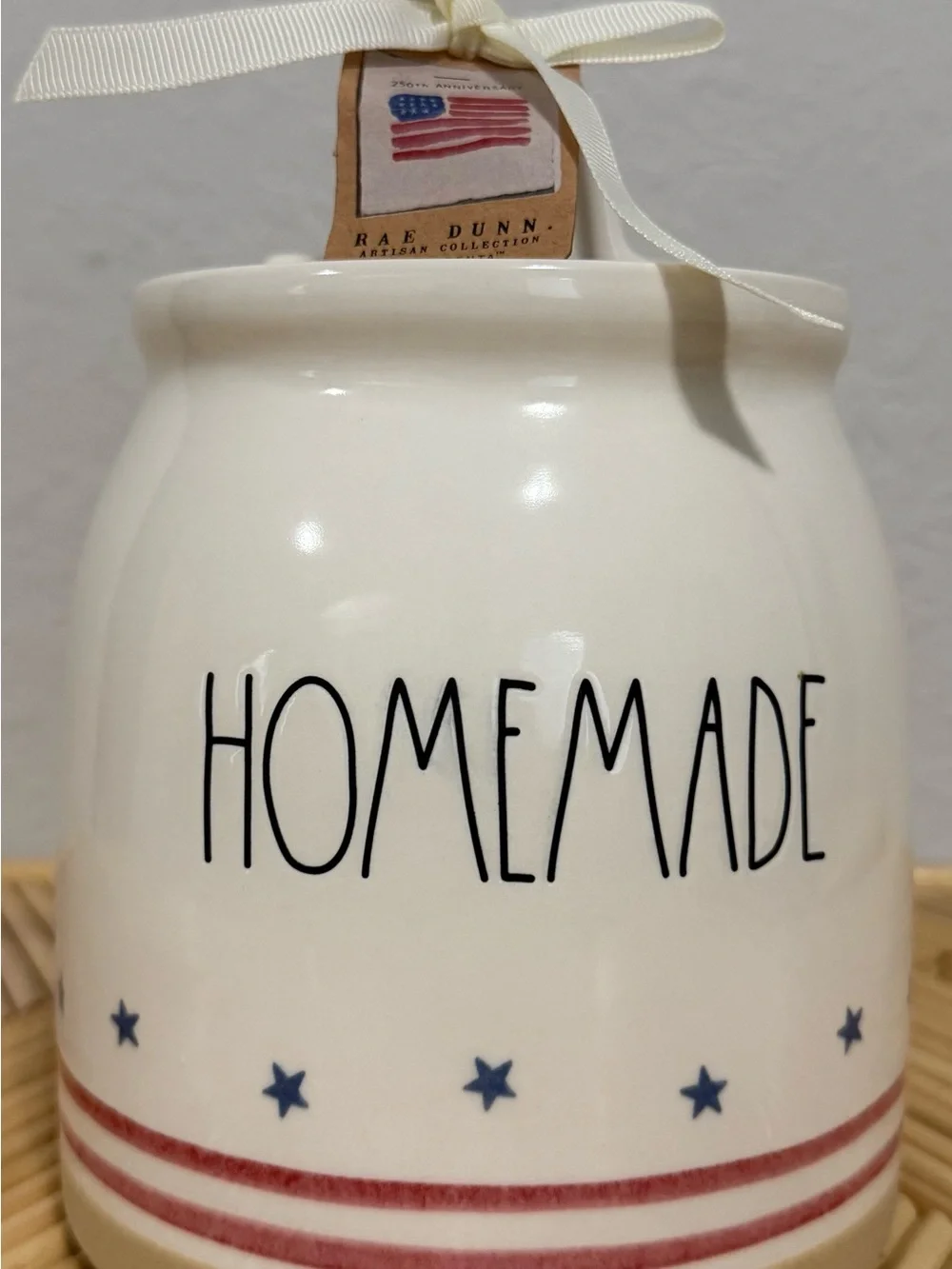 Rae Dunn  HOMEMADE Ceramic Canister Patriotic Red Stripes Blue Stars Lid 16 oz